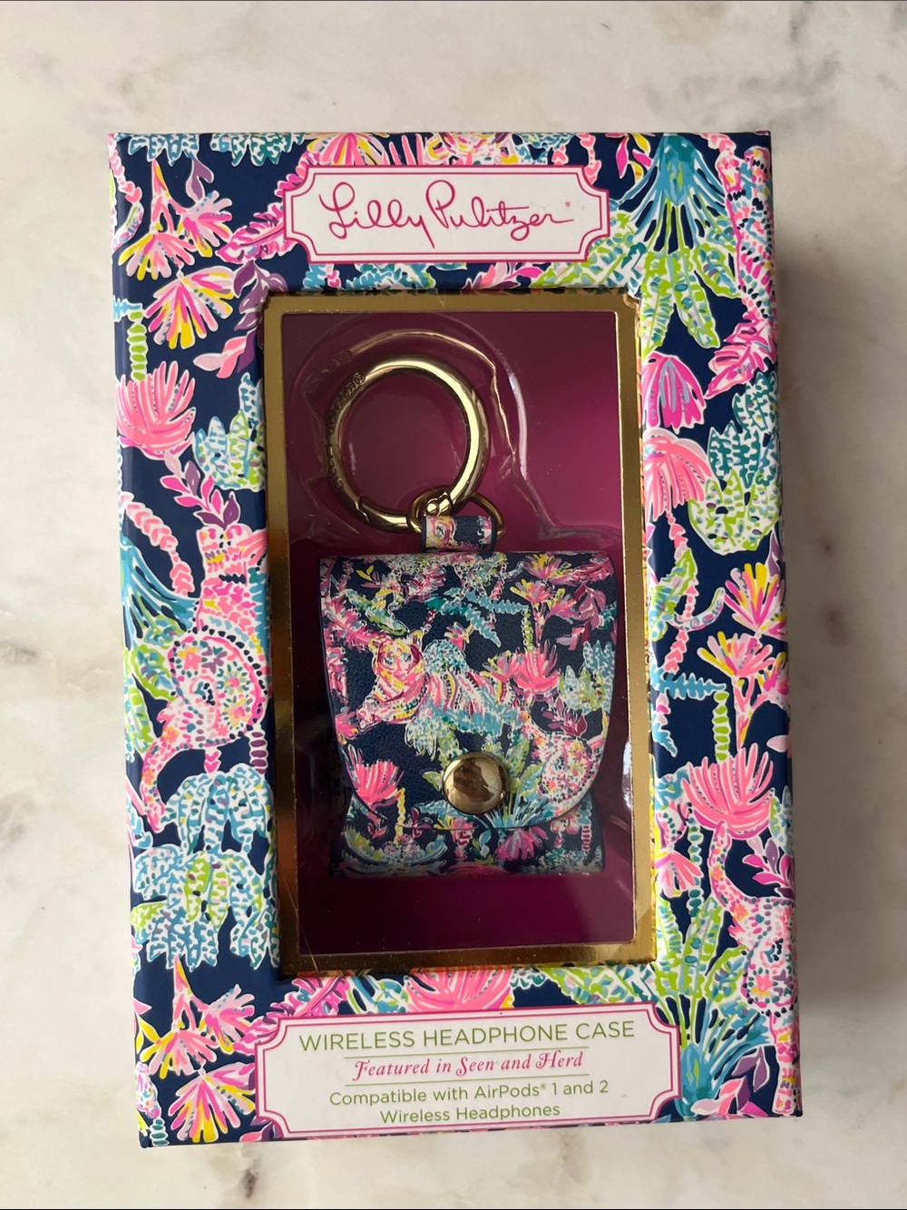 Lilly Pulitzer Navy Floral AirPod Keychain Case with Gold Hardware
